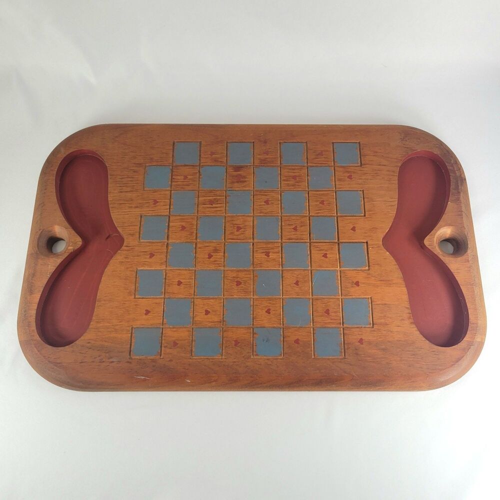 Vintage Wooden Checker Board Chess Heart Game Folk Art Primitive Cottagecore